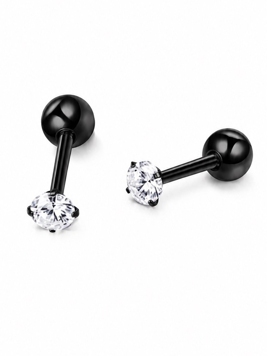 MoonFlowerBtq Jewelry - Black CZ Barbell Stud Cartilage Earrings Stainless Steel 18G 3mm